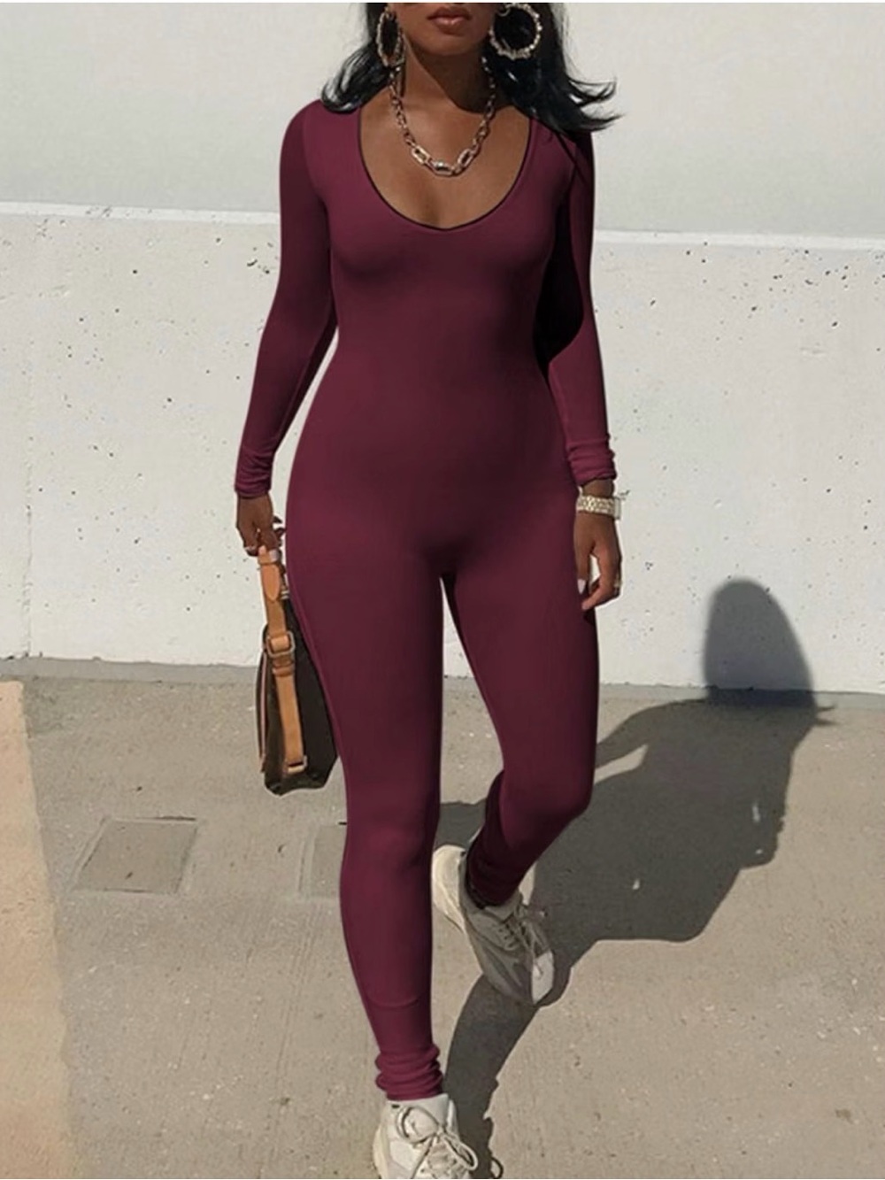 Long-Sleeve Scoop Neck Burgundy Jumpsuit